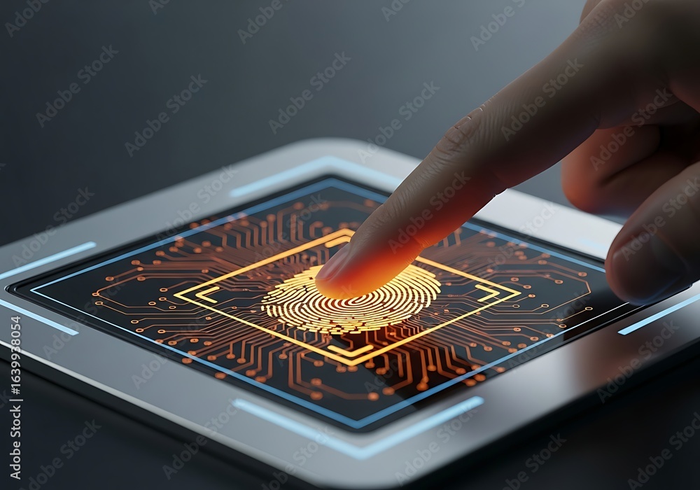 Poster finger presses on a digital screen displaying a fingerprint scan for secure biometric identification