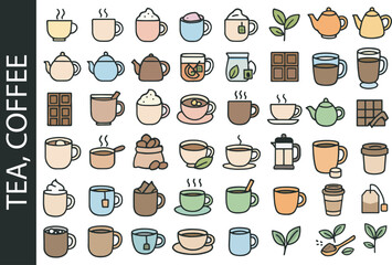 Tea, Coffee & Hot Chocolate Color Icon Set. Cafe & Hot Beverage Symbols.