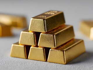 A pyramid stack of six textured gold bullion bars with a gleaming metallic finish.