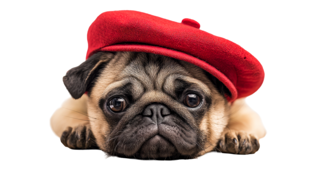 Pug dog wearing red beret looking directly at the camera