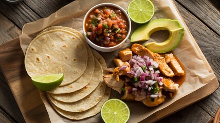 Delicious Chicken Tacos with Fresh Salsa Avocado and Lime on a Rustic Wooden Board Perfect for Mexican Cuisine Lovers