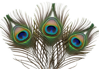 Obraz premium Three iridescent peacock feathers with distinctive eye patterns isolated on transparent background