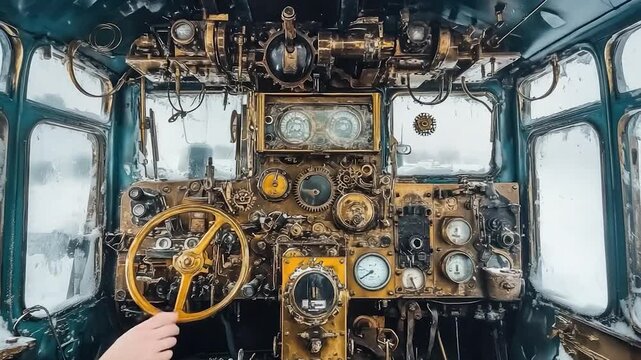 Detailed steampunk train cab interior