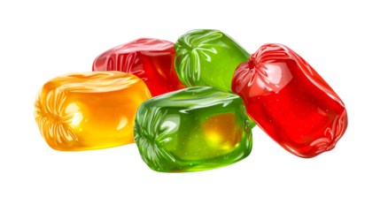 Translucent red, green, and yellow hard candies with glossy wrapper texture