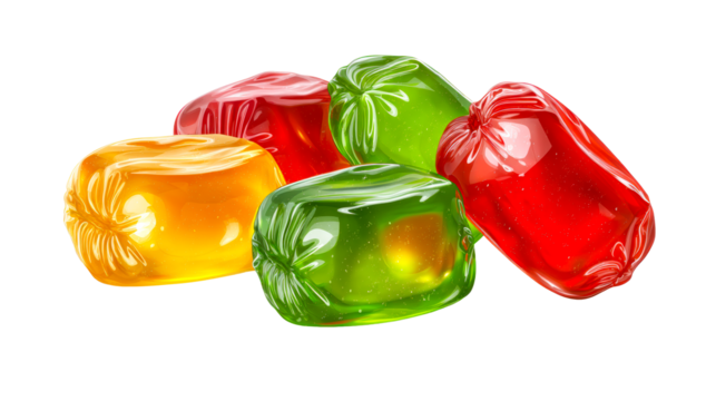 Translucent red, green, and yellow hard candies with glossy wrapper texture