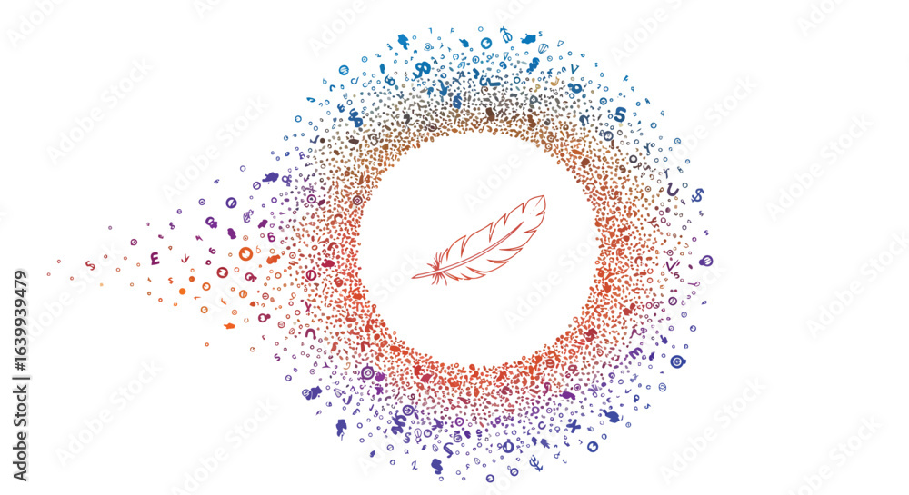 Poster colorful gradient feather with abstract symbol burst in circular motion