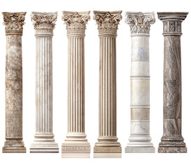 Seven different marble columns, varying in color and style, display classical architectural details.  Each column features a capital, shaft, and base.  The capitals show intricate carvings. 