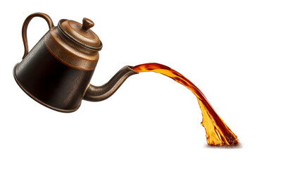Antique metal teapot pouring liquid splash