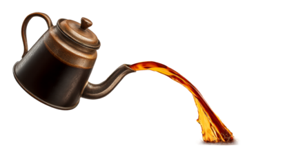 Antique metal teapot pouring liquid splash