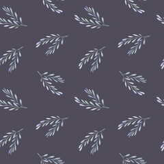 Seamless pattern with white blue leaves on dark background watercolor illustration