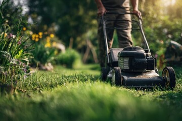Person mowing lawn in garden