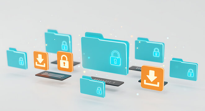 Secured Data: A collection of digital folders and icons showcasing the concept of secure data storage and file protection, representing the importance of digital privacy and data security.