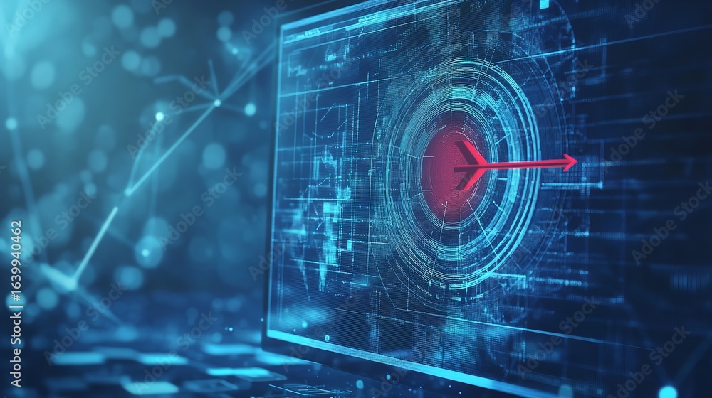 Fototapete display showing a red arrow hitting a target with blue digital lines and bokeh background effect