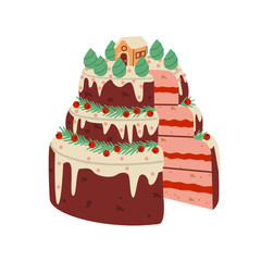 Christmas three-tiered cake on a stick. Baked chocolate dessert for Xmas sweet dessert. Winter holiday pie. New Year food. Flat vector illustration isolated on white background