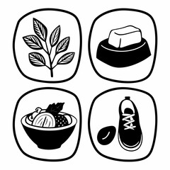 Illustration of natural and organic products with leaf, soap, fruit bowl, and shoe isolated on white background