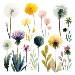 Vibrant dandelion and flower collection.  Colorful display of various dandelion and other floral elements.  Diverse shades of yellow, white, pink, purple, and teal used in artistic style.