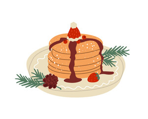Delicious Christmas pancakes with cream and berries. Dessert for Xmas sweet breakfast. Winter holiday food. New Year food. Flat vector illustration isolated on white background
