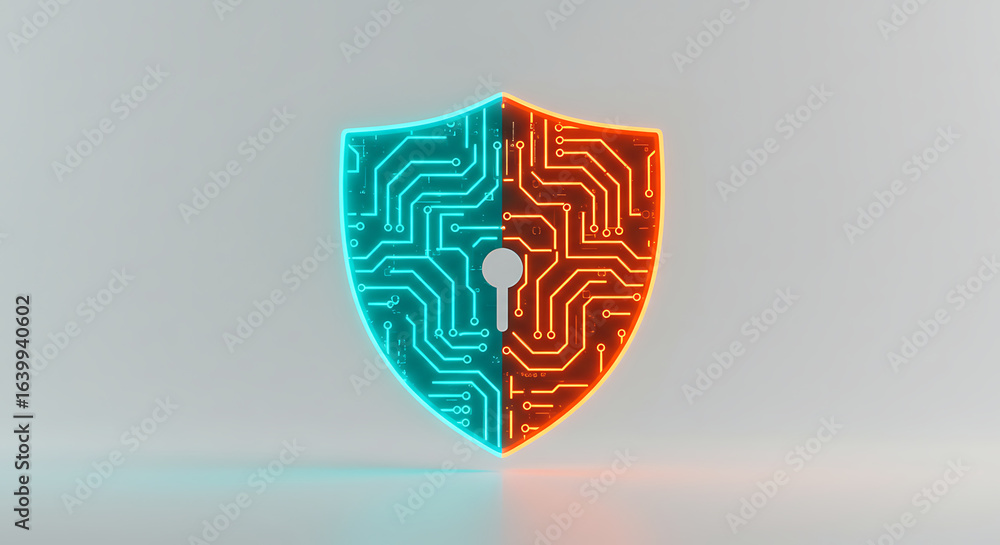 Poster cyber shield: a glowing digital shield with a keyhole, symbolizes data protection and network securi