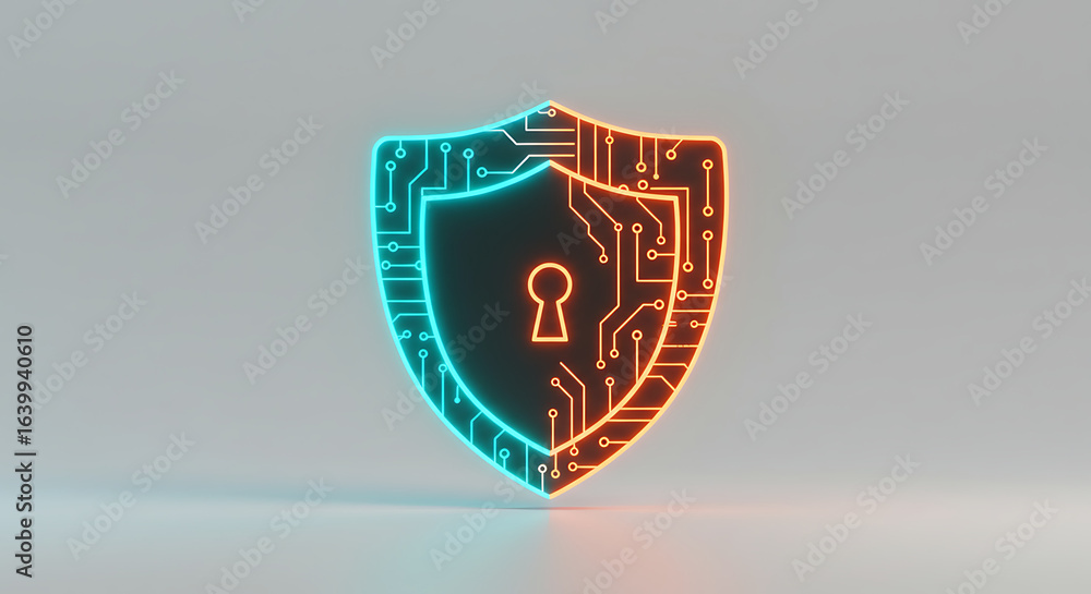 Poster digital fortress: a striking illuminated shield, symbolizing cybersecurity and data protection, with