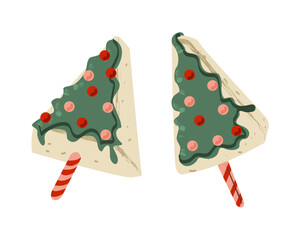  Christmas tree cake on a stick. Baked sponge dessert for Xmas sweet dessert. Winter holiday pie. New Year food. Flat vector illustration isolated on white background