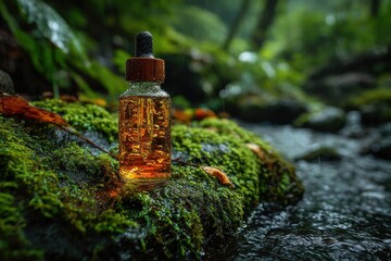 Perfume bottle with dropper resting on mossy rock outdoors, natural setting