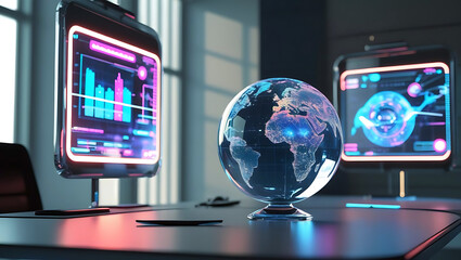 Futuristic Globe and Technology Displays on Desk