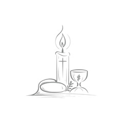Religious Ceremony Symbols Candle, Chalice, Communion Wafer Line Art Illustration