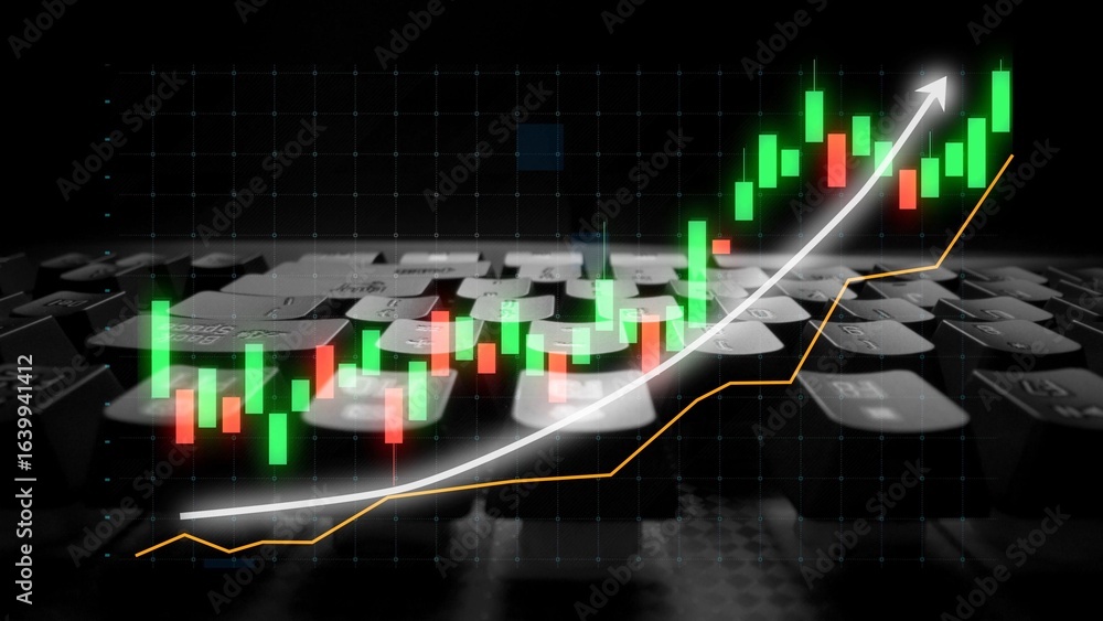 Poster visualize financial trends with candlestick graphs overlaying a keyboard, symbolizing the dynamic na
