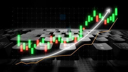 Visualize financial trends with candlestick graphs overlaying a keyboard, symbolizing the dynamic nature of stock trading and investment analysis. Copula