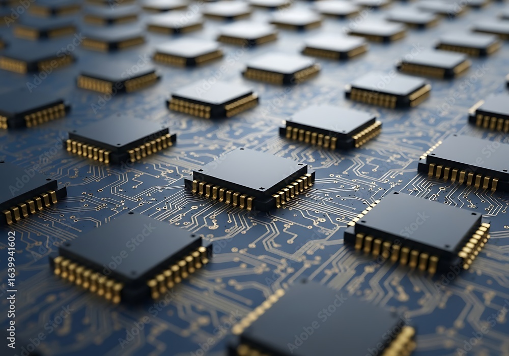 Poster close up of multiple computer chips on a circuit board illustrating modern technology and integrated