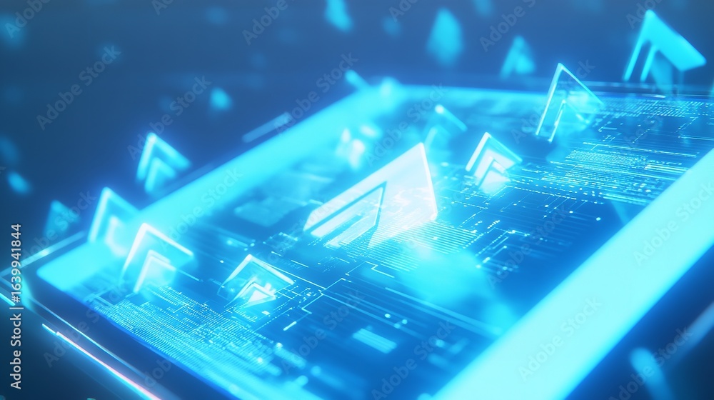 Poster abstract glowing blue technology background with circuits and floating arrow shapes design concept
