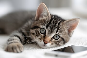 Naklejka premium Adorable striped tabby kitten with large grey-green eyes resting its head and looking curiously at the camera.