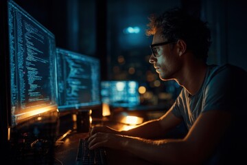 Programming in a different realm A night scene of a coder at a computer