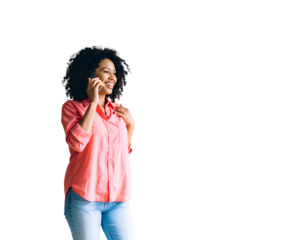 Smiling woman holding a phone, looking cheerful and engaged isolated on a transparent background.