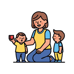 Daycare Worker with Children Vector Illustration