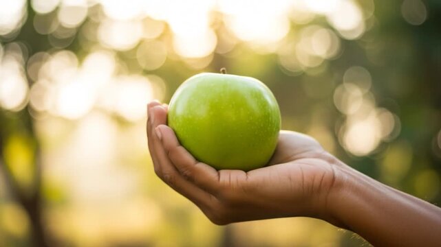 Green apple presented in hand fresh food nutrition and healthy eating concept