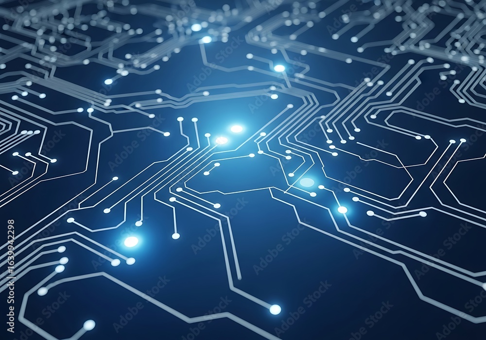 Poster close up of a blue circuit board illustrating modern technology and complex electronic systems for d