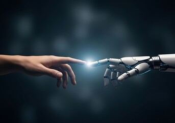 Human hand reaching out to touch a robot hand representing the connection of humans and artificial intelligence