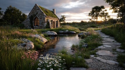 Dreamy stone cottage by a bio-filtration stream at dawn with wildflowers and solar energy