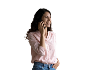 Smiling woman holding a phone, looking cheerful and engaged isolated on a transparent background.