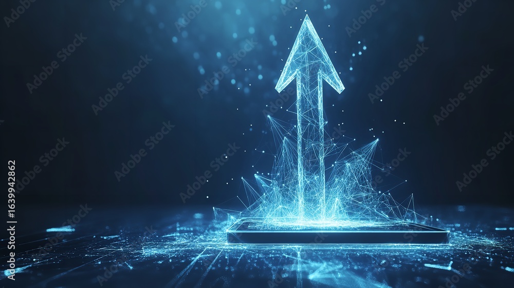 Poster a glowing blue arrow emerges from a platform with a dark background and light particles around it