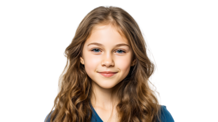 Young girl with long wavy hair and blue eyes smiling