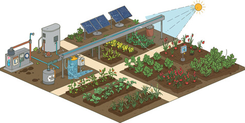 Obraz premium Sustainable garden with solar-powered irrigation system in isometric design