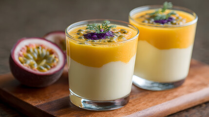 fruit mousse dessert, enjoy a visually stunning and delicious treat with mango and passion fruit mousse in delicate glass cups a light and airy dessert option