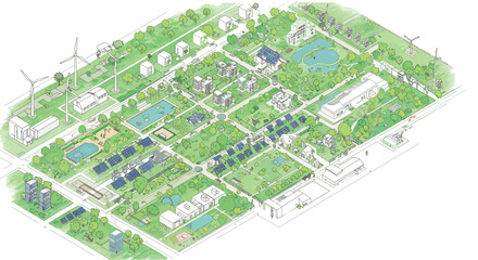Obraz premium Sustainable urban concept with renewable energy and green spaces in isometric style