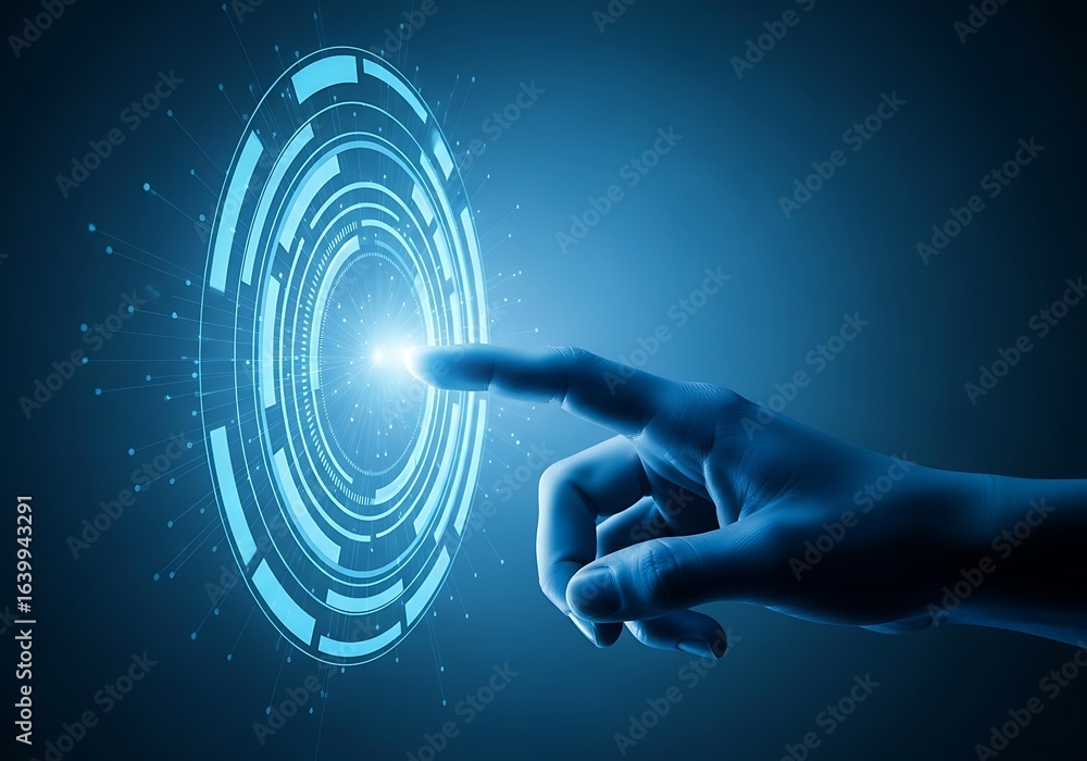 Poster a finger touching a digital interface with glowing light representing future technology and innovati