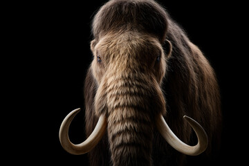 A majestic woolly mammoth with impressive tusks on black background