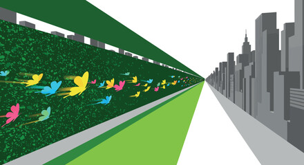 Colorful butterflies in abstract urban jungle with green landscape and gray cityscape