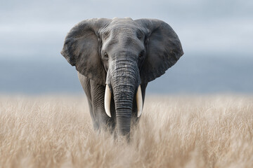 Naklejka premium A majestic elephant standing tall in a grassy plain, with its tusks on display. It's a portrait of strength and wildness