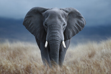 Naklejka premium A majestic elephant stands tall in the savanna, a symbol of strength and grace. Its large ears are spread and ivory tusks gleaming